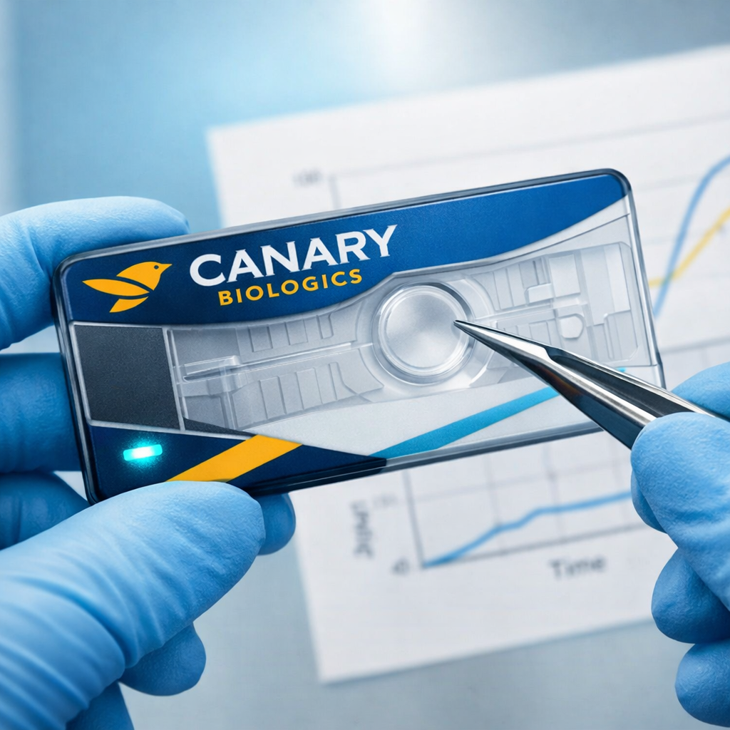 generate image of Canary Biologics physical lense modern sleek use brand colors   clinician holding graph with gloves and tweezers do not include phys-1
